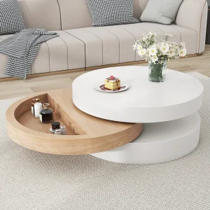 Cilindrische salontafel – 60 x 60 x 35,1 cm – draaibaar blad – met opbergruimte – MDF – wit Cilindrische salontafel – 60 x 60 x 35,1 cm – draaibaar blad – met opbergruimte – MDF – wit