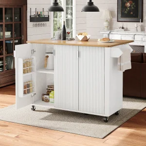 Centraal eiland op wielen – 130 x 45/75 x 92 cm – uitschuifbare trolley + 3 deuren – MDF – wit