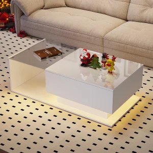 Design salontafel met slimme LED, glanzend wit en geïntegreerd glas, 100×50 cm