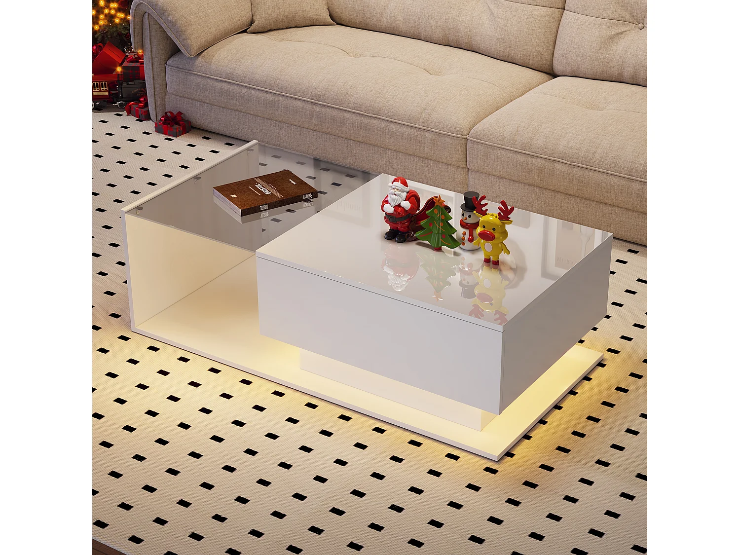 Design salontafel met slimme LED, glanzend wit en geïntegreerd glas, 100x50 cm