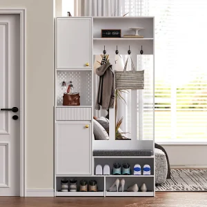 Complete entreekast met bank, 4 haken, deuren en laden, MDF, wit (100x180x35cm) Complete entreekast met bank, 4 haken, deuren en laden, MDF, wit (100x180x35cm)