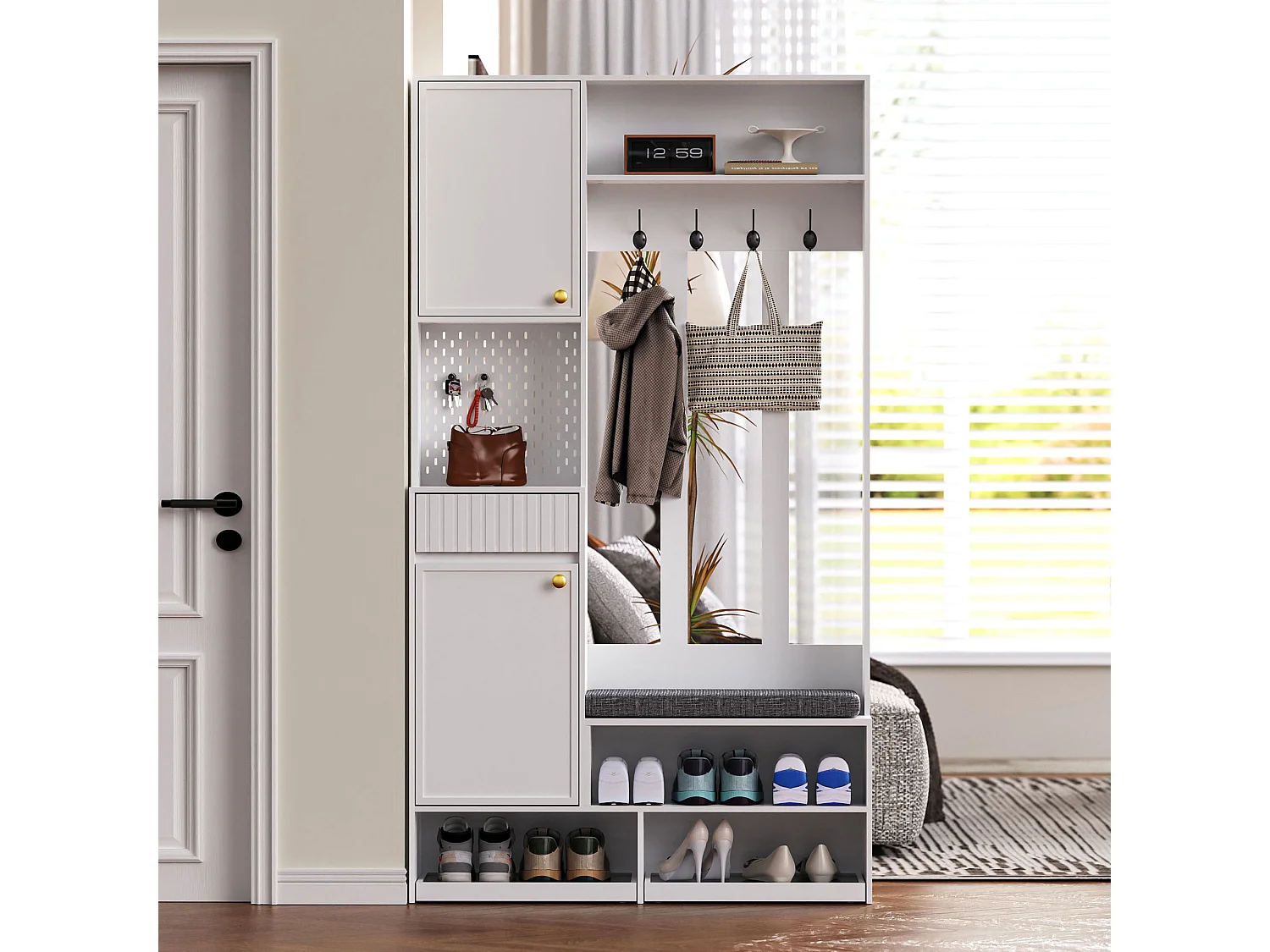 Complete entreekast met bank, 4 haken, deuren en laden, MDF, wit (100x180x35cm)
