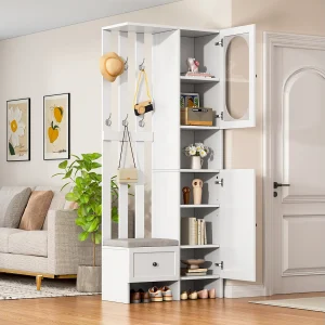 Compacte halkast met 2 deuren, gehard glas en bank, spaanplaat, wit (85×33,5x200cm) Compacte halkast met 2 deuren, gehard glas en bank, spaanplaat, wit (85×33,5x200cm)