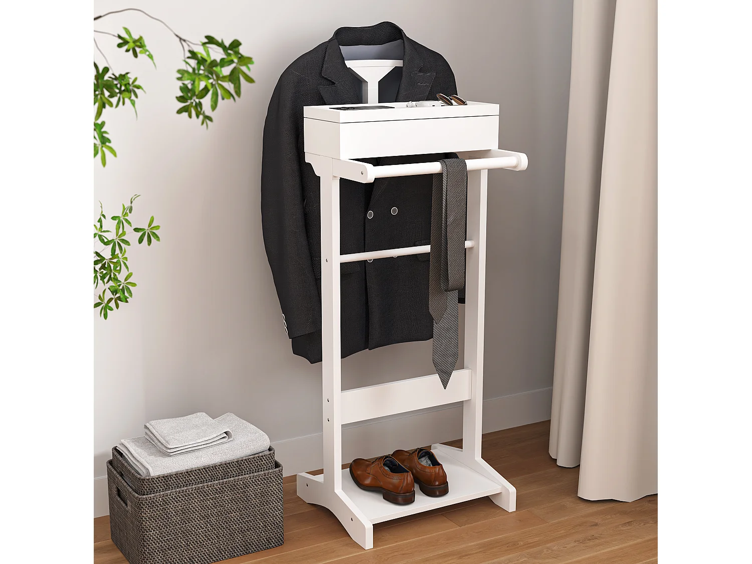 Draagbare kledingrek met opbergruimte, multifunctioneel design, MDF en massief hout, wit (44x36,5x110 cm)