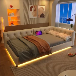 Design slaapbank met sfeerverlichting, linnen en MDF, beige, met USB- en Type-C-aansluitingen (90×200 cm) Design slaapbank met sfeerverlichting, linnen en MDF, beige, met USB- en Type-C-aansluitingen (90×200 cm)