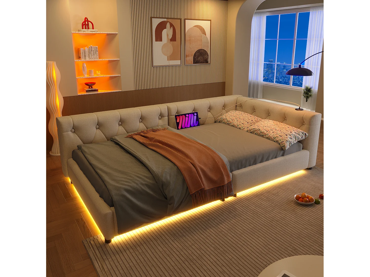 Design slaapbank met sfeerverlichting, linnen en MDF, beige, met USB- en Type-C-aansluitingen (90x200 cm)
