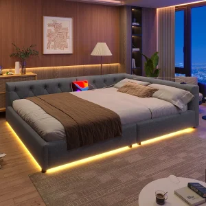 Design slaapbank, 140×200 cm, met sfeerverlichting en USB/Type-C-aansluitingen, linnen, grijs (213x153x50 cm) Design slaapbank, 140×200 cm, met sfeerverlichting en USB/Type-C-aansluitingen, linnen, grijs (213x153x50 cm)