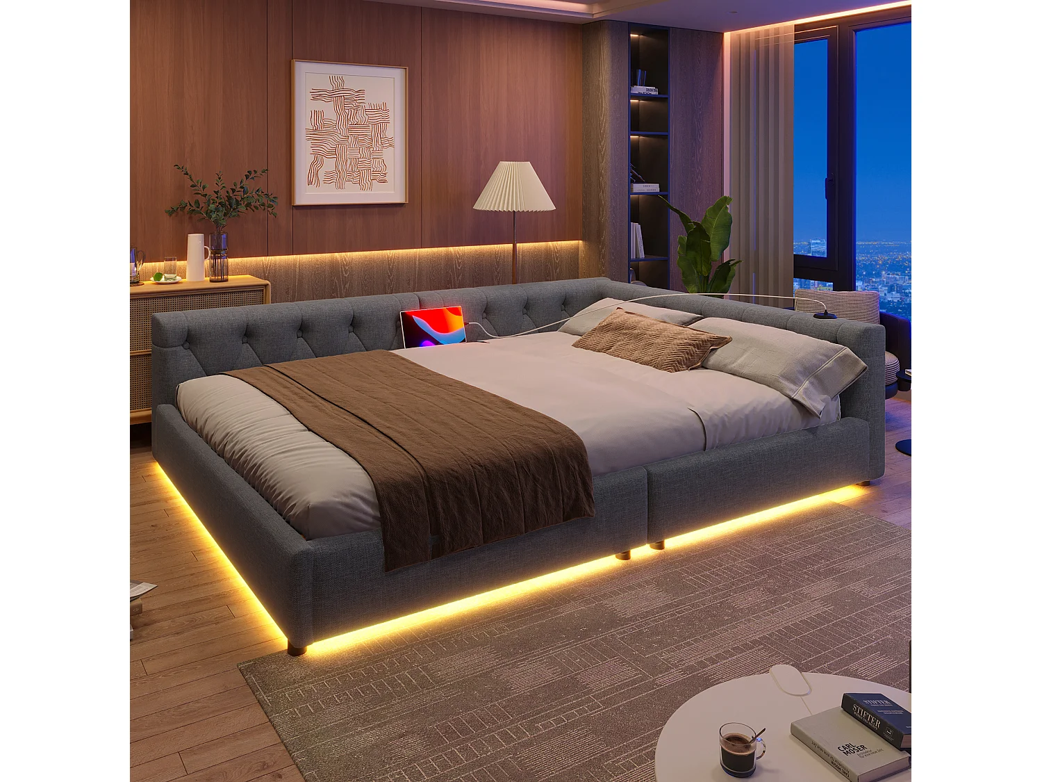 Design slaapbank, 140x200 cm, met sfeerverlichting en USB/Type-C-aansluitingen, linnen, grijs (213x153x50 cm)