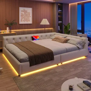Design slaapbank, 140×200 cm, met sfeerverlichting en USB/Type-C-aansluitingen, linnen, beige (213x153x50 cm) Design slaapbank, 140×200 cm, met sfeerverlichting en USB/Type-C-aansluitingen, linnen, beige (213x153x50 cm)