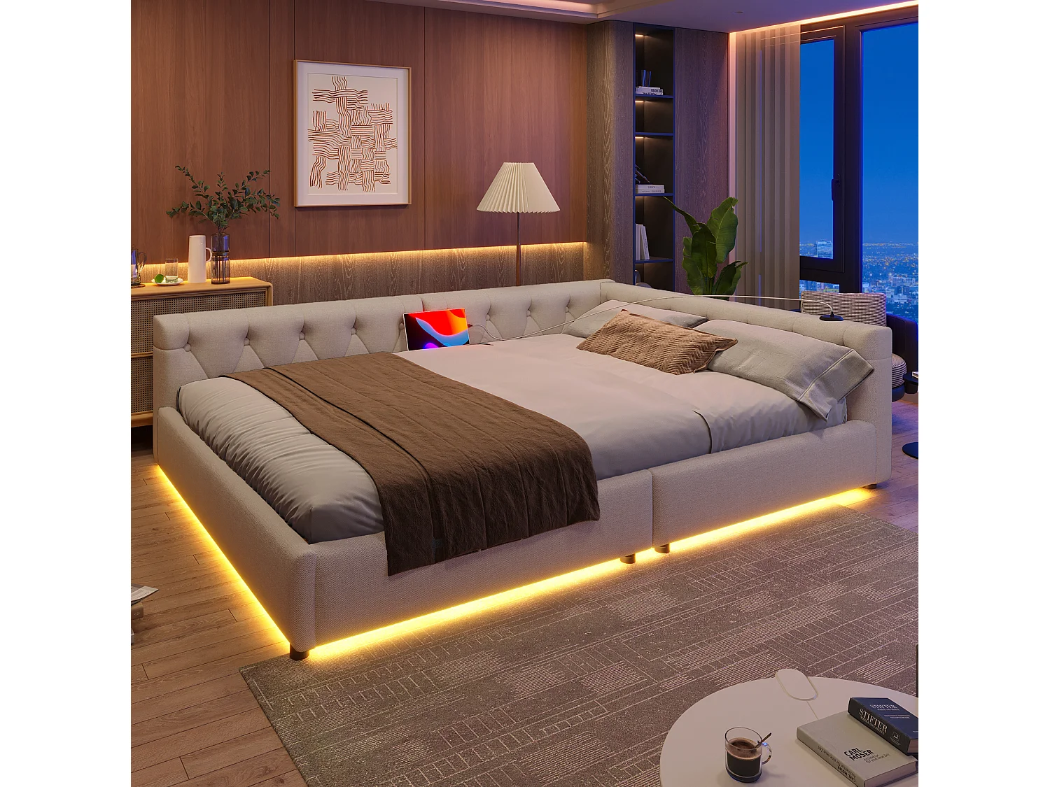 Design slaapbank, 140x200 cm, met sfeerverlichting en USB/Type-C-aansluitingen, linnen, beige (213x153x50 cm)