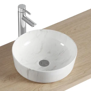 DIANE ronde keramische opzetwastafel van 37 cm met wit marmereffect
