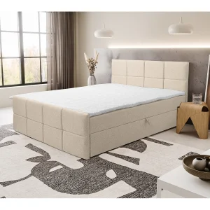 Boxspringbed DORIS met 2 bedbakken, gestoffeerd bed Afmetingen: 180×200, kleur: beige, veloursstof, tweepersoonsbed met Bonell-matras incl. topper