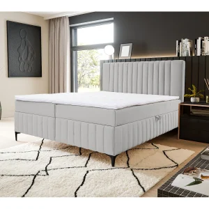 Boxspringbed QUANT met 2 bedbakken, gestoffeerd bed Afmetingen: 180×200, kleur: beige, veloursstof, tweepersoonsbed met Bonell-matras incl. topper
