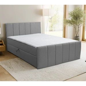 Boxspringbed CLAUDINE met 2 bedbakken, gestoffeerd bed Afmetingen: 140×200, kleur: grijs, veloursstof, tweepersoonsbed met Bonell-matras incl. topper