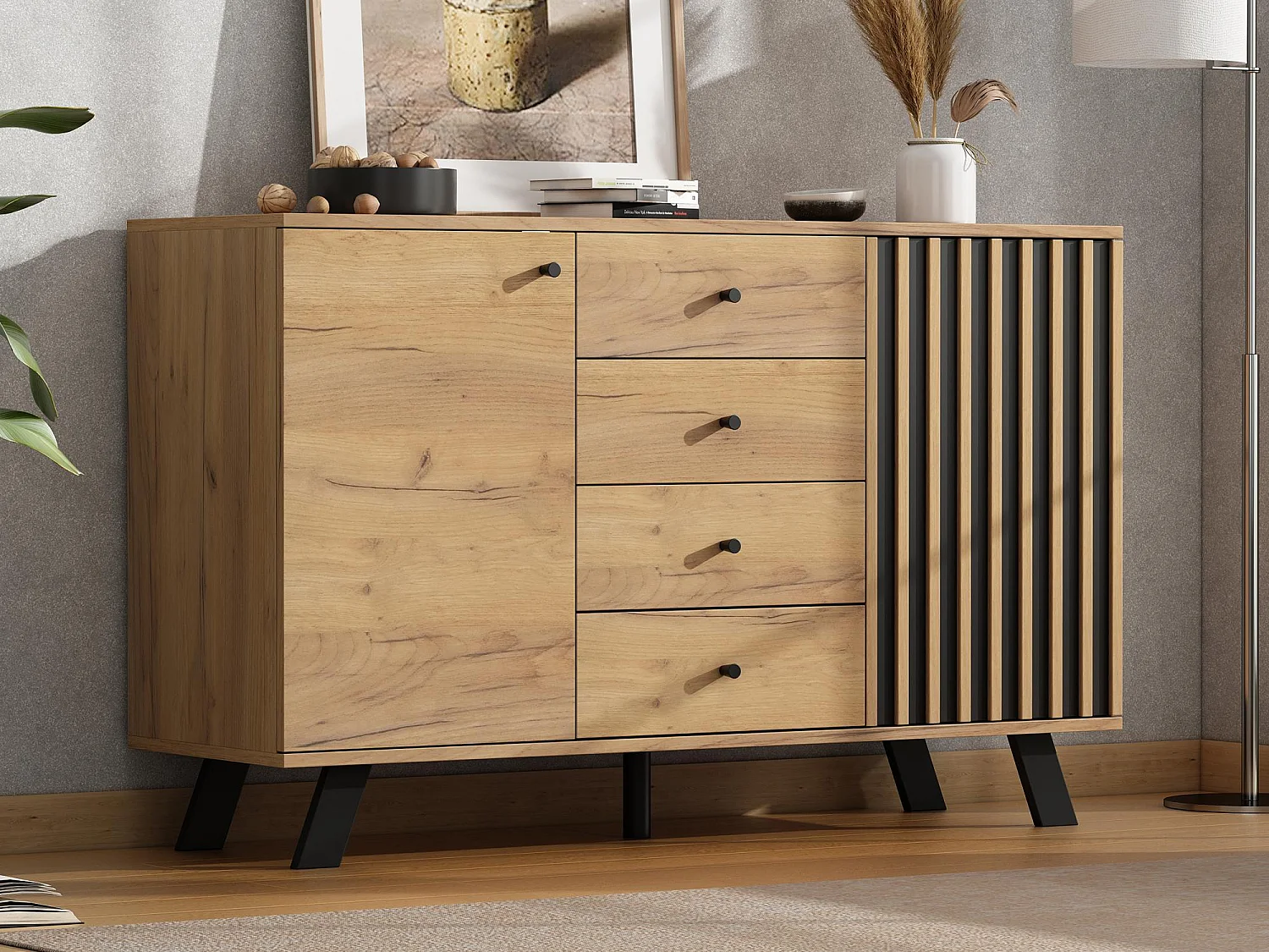 Buffet 120×38×75 cm - 4 laden en 2 deuren - MDF - naturel