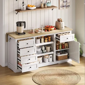 Centraal eiland met uitschuifbaar paneel – 150 x 65 x 75 cm – met 5 laden + 1 deur – MDF – wit