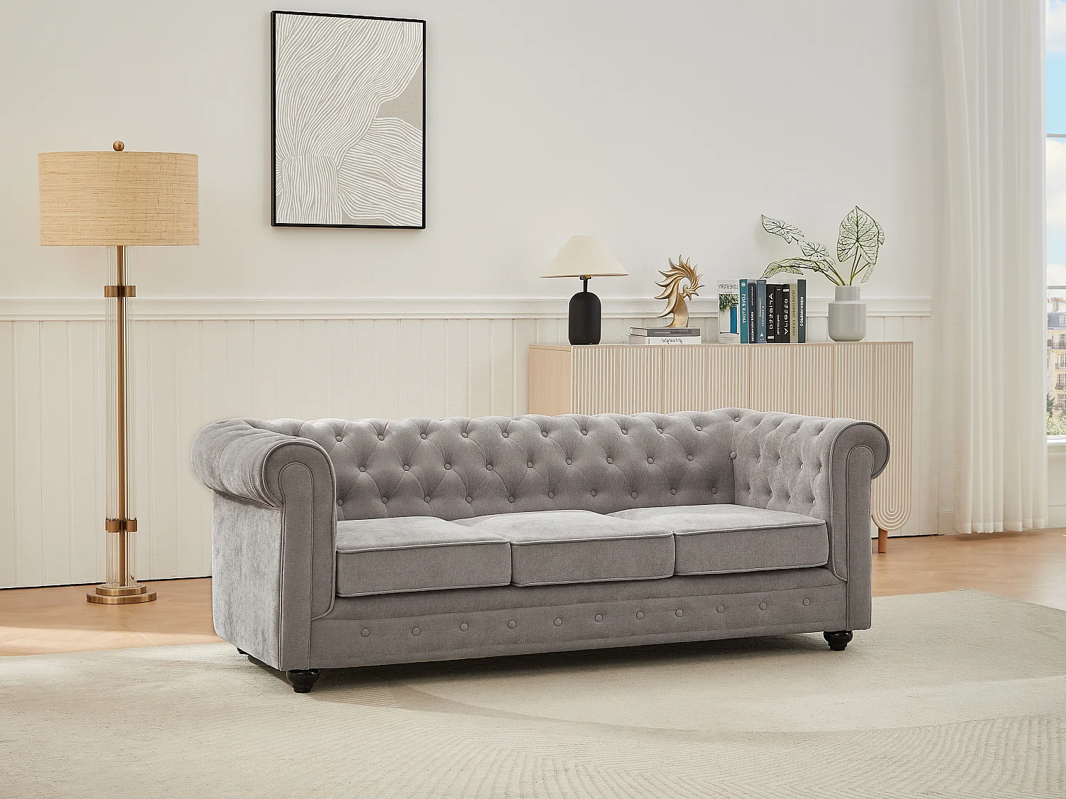 Grijze stoffen 3-zitsbank CHESTERFIELD