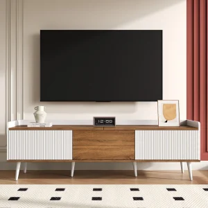 Compacte tv-kast met 3 deuren. Wit/houtlook, 160 x 39 x 49,5 cm. Functionele tv-tafel met houtlook. Compacte tv-kast met 3 deuren. Wit/houtlook, 160 x 39 x 49,5 cm. Functionele tv-tafel met houtlook.