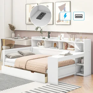 Dagbed, 90×200 cm, met nachtkastje en USB-aansluiting, 2 lades, geïntegreerd bureau, spaanplaat, wit (229,5×121,8×110 cm) Dagbed, 90×200 cm, met nachtkastje en USB-aansluiting, 2 lades, geïntegreerd bureau, spaanplaat, wit (229,5×121,8×110 cm)
