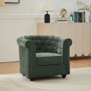 Groene stoffen fauteuil in de mythische CHESTERFIELD vorm Groene stoffen fauteuil in de mythische CHESTERFIELD vorm