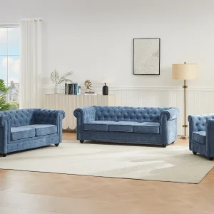 3-zits, 2-zits en fauteuil in blauwe stof CHESTERFIELD