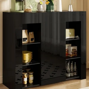 Buffet 95×35×83 cm – hogglans afwerking – 1 deur – met glazen planken – spaanplaat – zwart Buffet 95×35×83 cm – hogglans afwerking – 1 deur – met glazen planken – spaanplaat – zwart