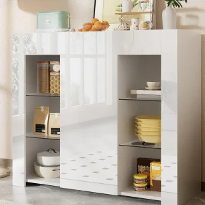 Buffet 95×35×83 cm – hogglans afwerking – 1 deur – met glazen planken – spaanplaat – wit Buffet 95×35×83 cm – hogglans afwerking – 1 deur – met glazen planken – spaanplaat – wit