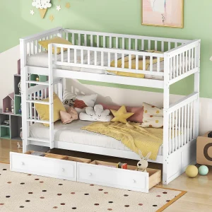 Kinderstapelbed – 2x90x200 cm – 2 lades – wit grenen frame – lattenbodem – uitvalbeveiliging – MERAX Kinderstapelbed – 2x90x200 cm – 2 lades – wit grenen frame – lattenbodem – uitvalbeveiliging – MERAX