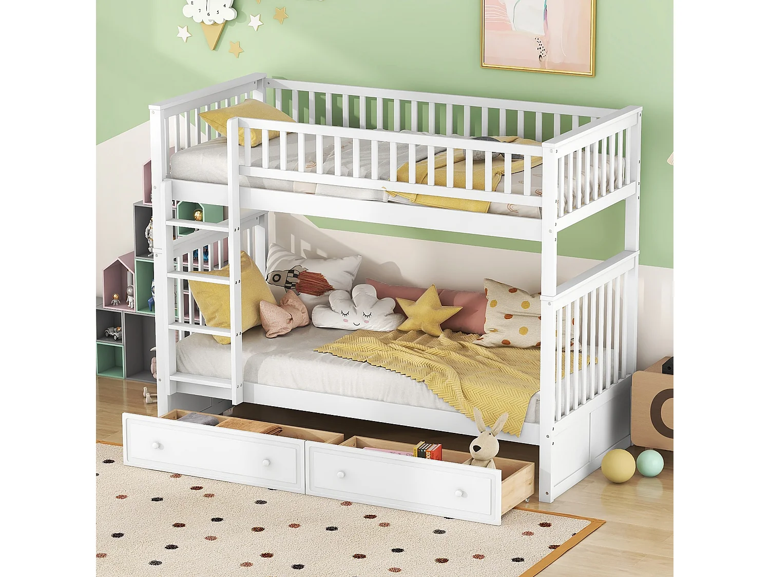 Kinderstapelbed - 2x90x200 cm - 2 lades - wit grenen frame - lattenbodem - uitvalbeveiliging - MERAX