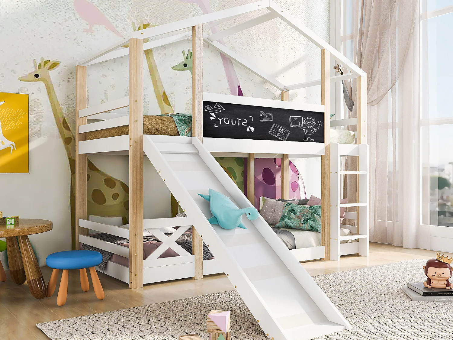 Cabine stapelbed - 2 x 90 x 200 cm - grenen en MDF - glijbaan, ladder en lattenbodem - kleuren: naturel en wit