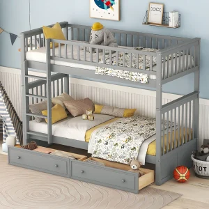 Deelbaar kinderstapelbed – 2x90x200 cm – 2 lades – frame grijs grenen – lattenbodem – veiligheidsbarrières – MERAX Deelbaar kinderstapelbed – 2x90x200 cm – 2 lades – frame grijs grenen – lattenbodem – veiligheidsbarrières – MERAX