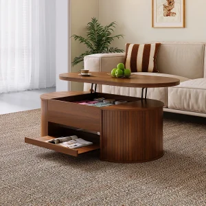 Donkere houten salontafel met opklapbaar bovenblad en uitschuifbare plank – perfect voor woonkamers en studeerkamers