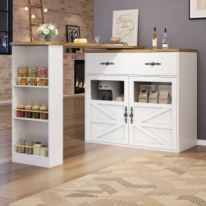 Draaibaar dressoir met 1 lade, 2 deuren en planken, wit – voor eetkamer en woonkamer