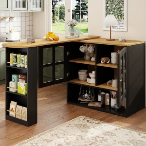 Draaibaar dressoir met planken en open opbergruimte, 2 deuren, zwart – voor slaapkamer en woonkamer
