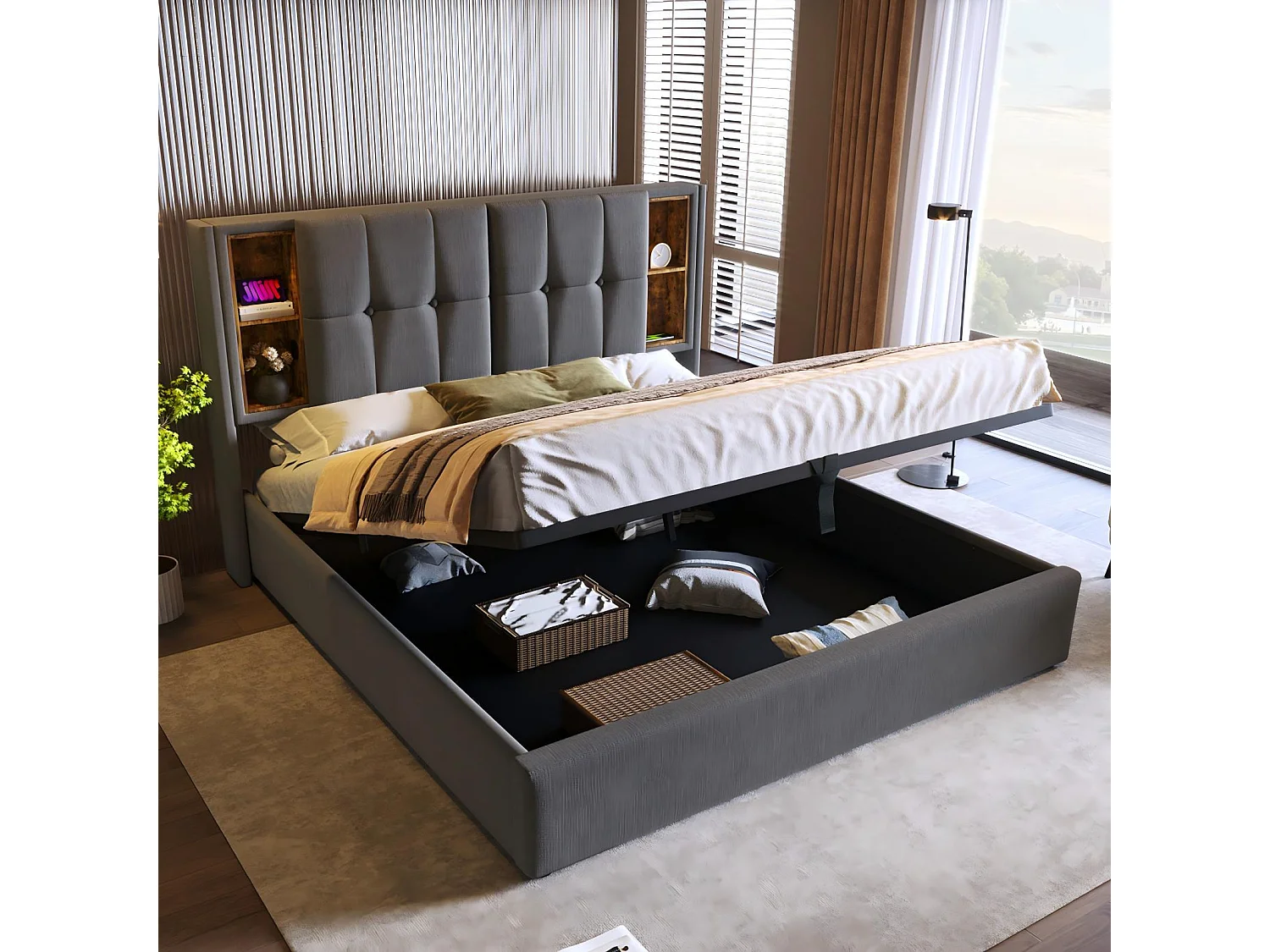 Cotton Peded Chest 2 Place, 140x200cm, met USB draadloze belasting en 4 laden, grijs
