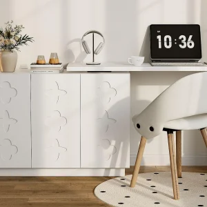 Draaibaar inklapbaar kaptafel – L-vormig bureau – met 3 deuren – Verstelbare planken – Wit Draaibaar inklapbaar kaptafel – L-vormig bureau – met 3 deuren – Verstelbare planken – Wit