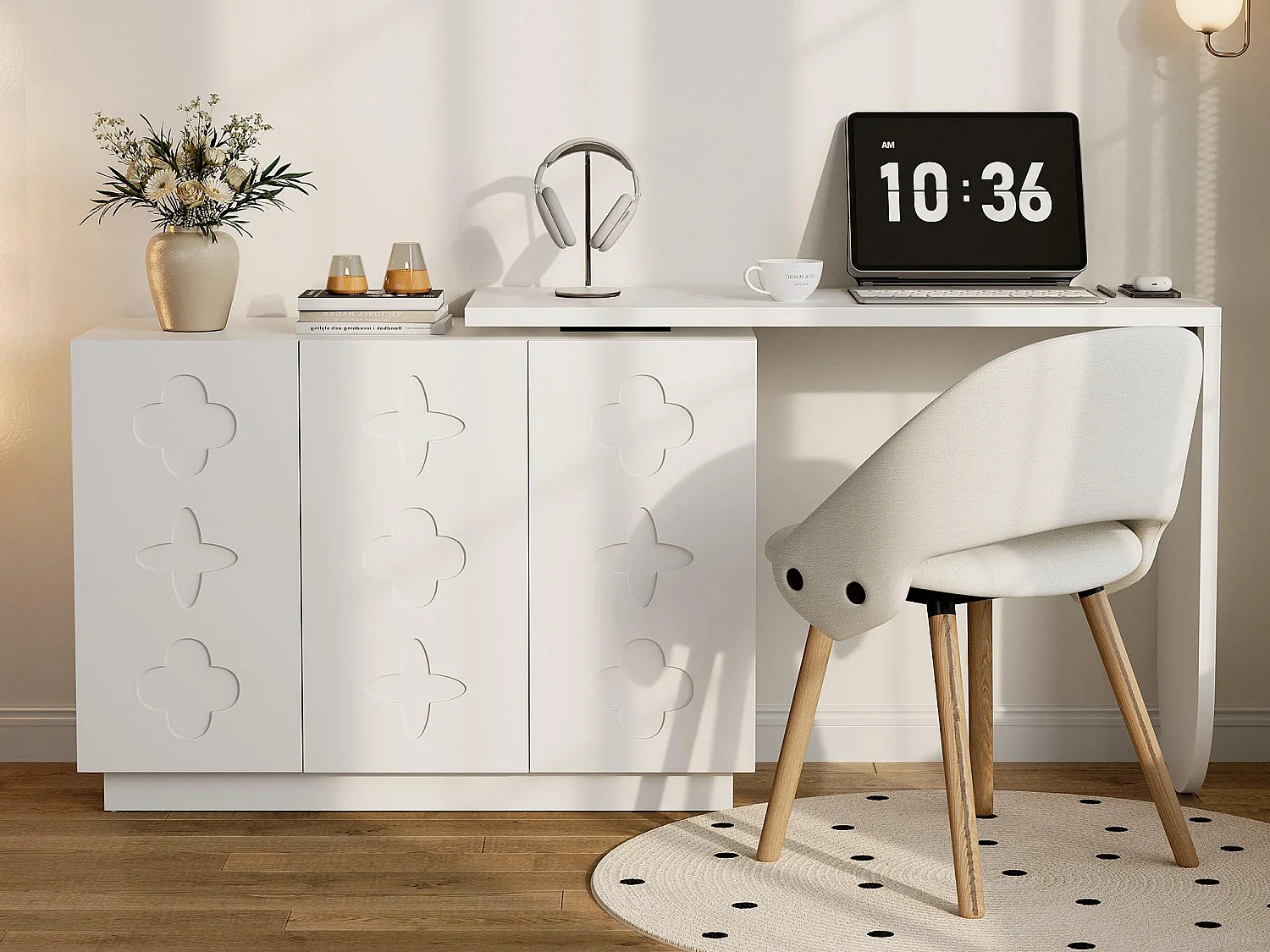 Draaibaar inklapbaar kaptafel - L-vormig bureau - met 3 deuren - Verstelbare planken - Wit