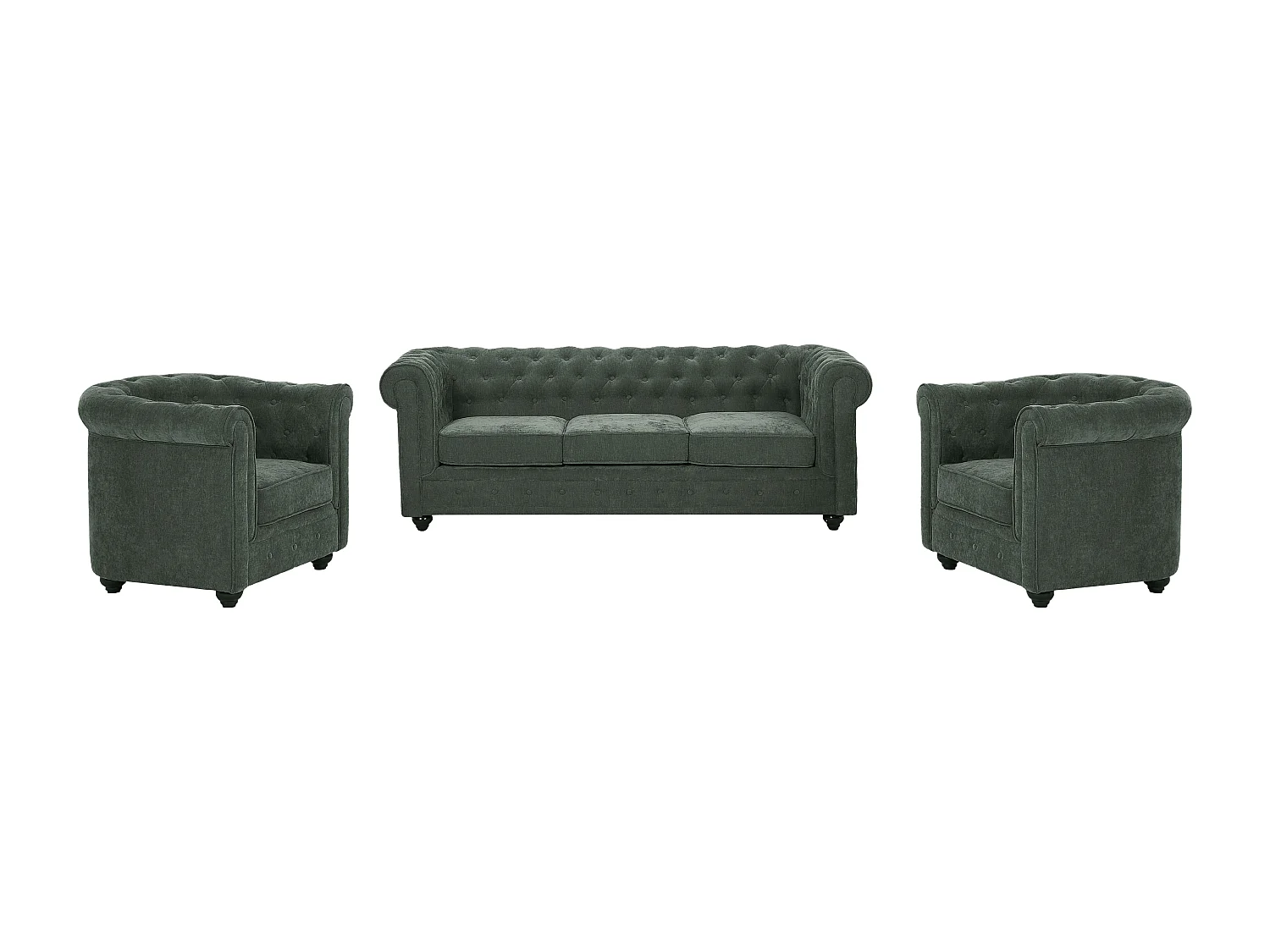 3-zitsbank en 2 fauteuils in groene stof CHESTERFIELD