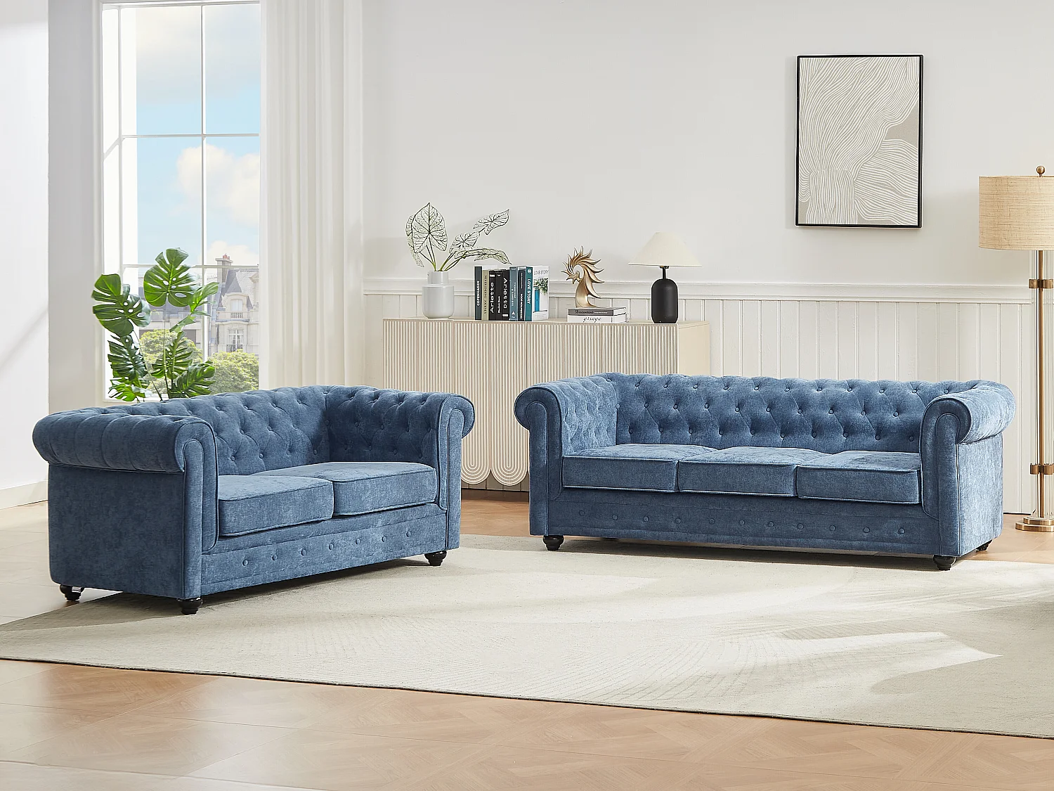 3-zits en 2-zits sofa's in blauwe stof CHESTERFIELD