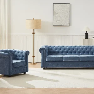 3-zits bank en fauteuil in blauwe stof CHESTERFIELD