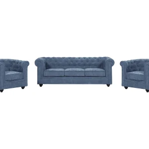 Driezitsbank 3-zitsbank en 2 fauteuils in blauwe stof CHESTERFIELD