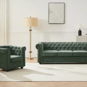 3-zits bank en fauteuil in groene stof CHESTERFIELD