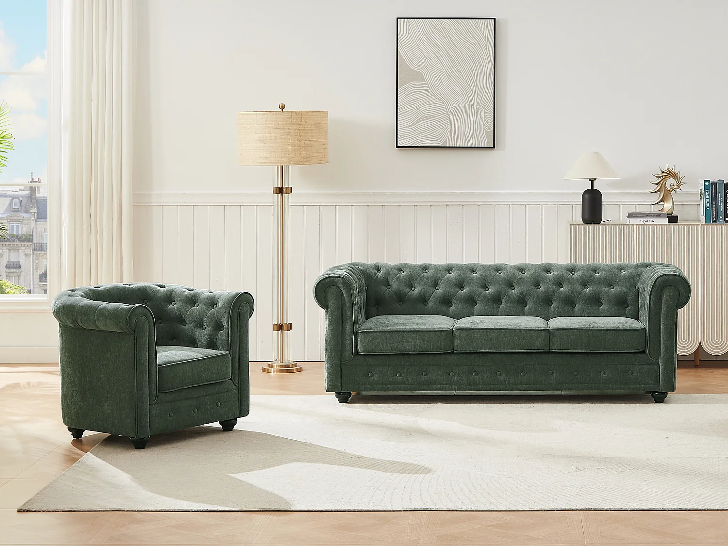 3-zits bank en fauteuil in groene stof CHESTERFIELD