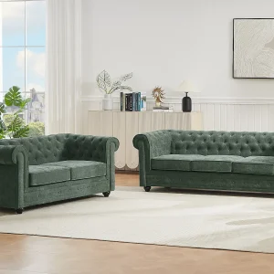 Groene CHESTERFIELD banken, 3-zits en 2-zits in groene stof