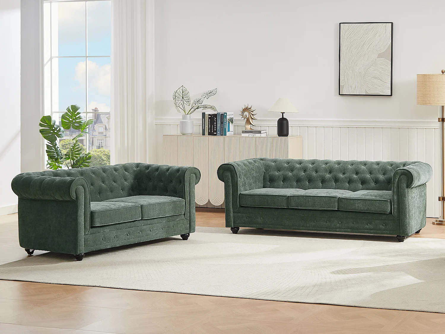 Groene CHESTERFIELD banken, 3-zits en 2-zits in groene stof