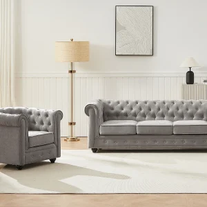 3-zitsbank en fauteuil in grijze stof CHESTERFIELD 3-zitsbank en fauteuil in grijze stof CHESTERFIELD