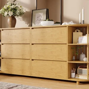 Buffet eikenlook 160x40x75cm – met 6 lades – met open planken – romaanse stijl – Natuur