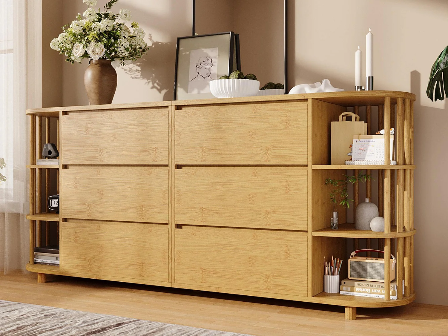 Buffet eikenlook 160x40x75cm - met 6 lades - met open planken - romaanse stijl - Natuur