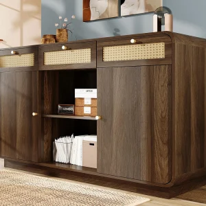 Buffet notenhoutlook 120x40x85cm – met 2 deuren en 3 rotan lades – open vakken – Notenhout Buffet notenhoutlook 120x40x85cm – met 2 deuren en 3 rotan lades – open vakken – Notenhout