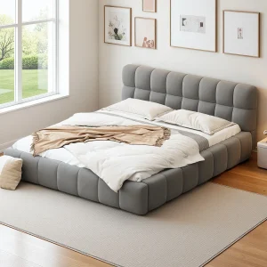 Bubbelbed 160 x 200 cm met lattenbodem en rugleuning, gestoffeerd tweepersoonsbed, linnen, grijs